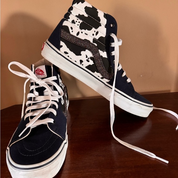 Vans Custom White and Navy, Cow Print  High-Top Sneakers with a touch of Sparkle - Picture 4 of 12